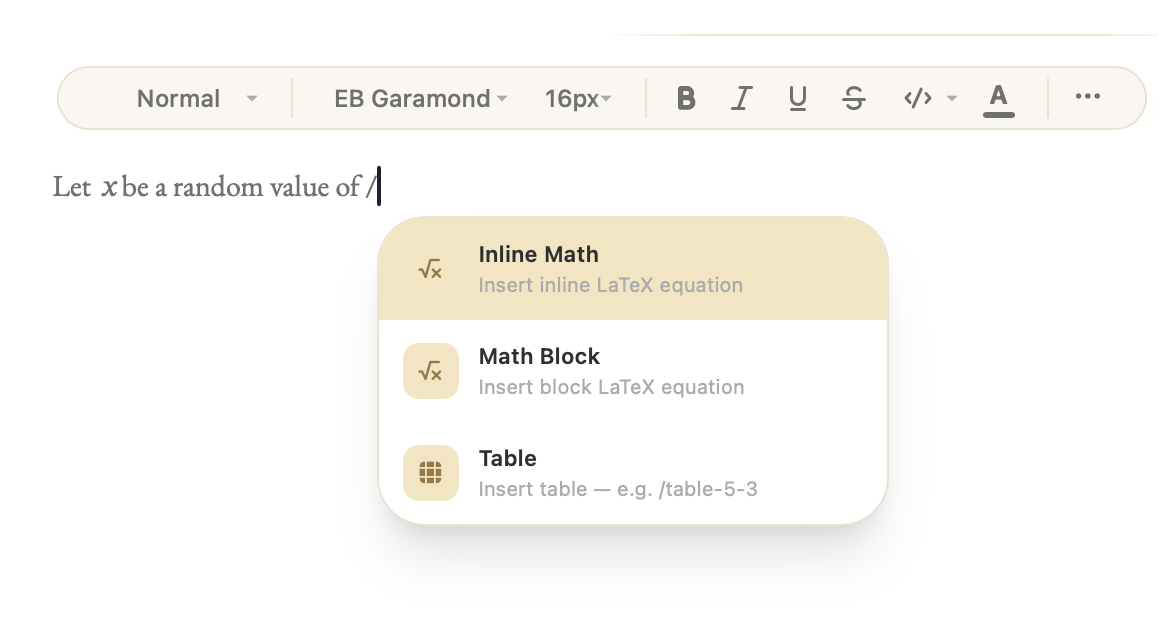 Slash command palette open in the editor